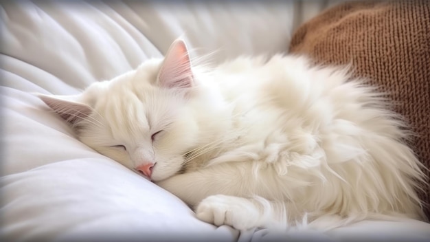 Gato branco dormindo em uma cama com a palavra gato