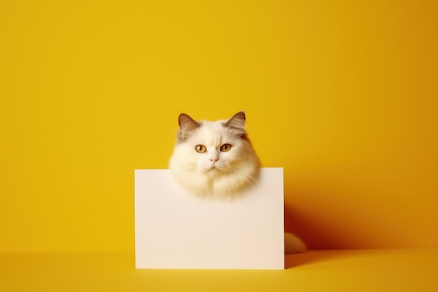 Gato branco em fundo amarelo espaço para escrever fundo amarelo IA geradora
