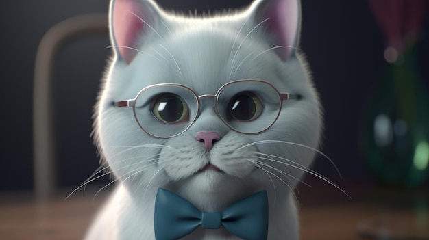 Gato branco engraçado usando gravata borboleta e ilustração de arte digital de óculos Generative AI