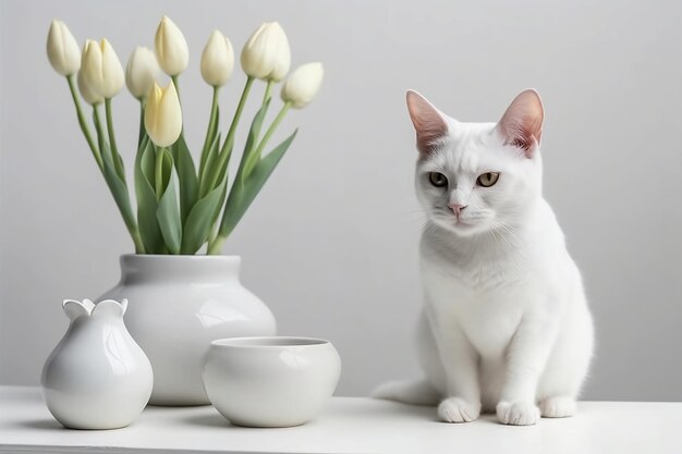 Gato branco entre flores de tulipa branca