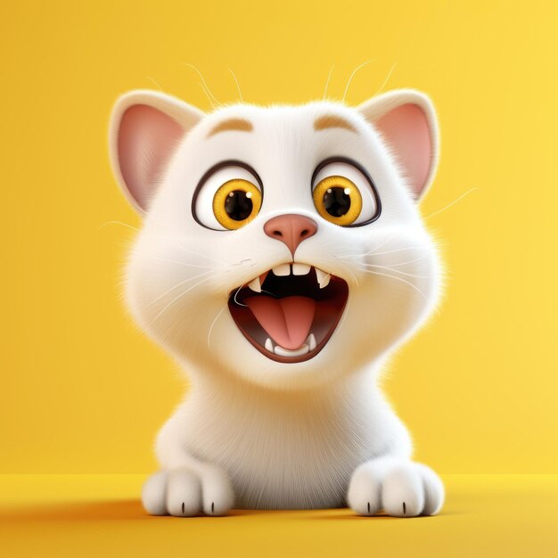 Gato branco excitado em fundo amarelo