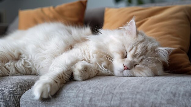 Gato branco gordo dormindo no sofá gato em close-up