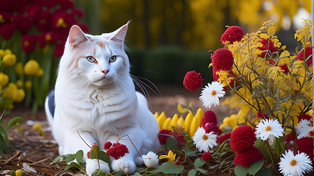 Gato branco-vermelho com flores no jardim de outono dia ensolarado gato e flores dia mundial dos animais