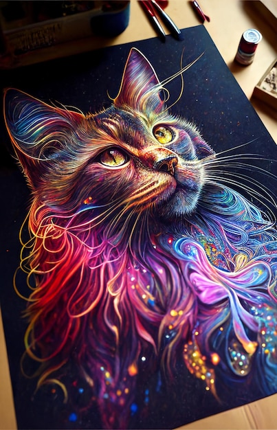 Gato brilhantemente colorido com cabelo comprido e olhos brilhantes em um fundo preto generativo ai