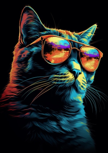 Gato brilhantemente colorido usando óculos escuros em um fundo preto generativo ai