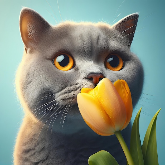 Gato britânico com retrato de tulipa