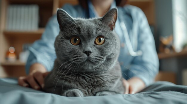 Gato britânico de pelo curto com cuidador veterinário