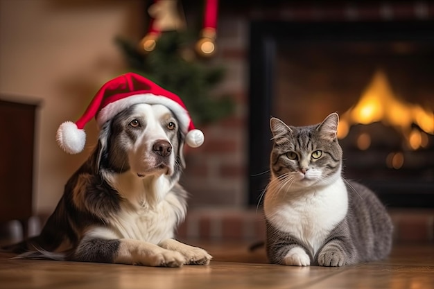 Gato britânico deita-se perto da árvore de Natal com guirlandas AI generativa