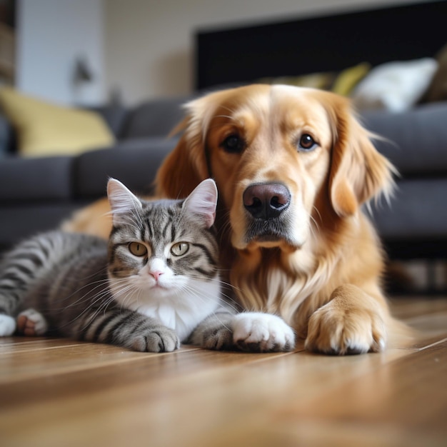 Gato británico y Golden Retriever generados por ai