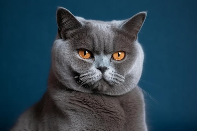 Gato británico gris con un estado de ánimo depresivo ofendido y enojado sobre un fondo azul