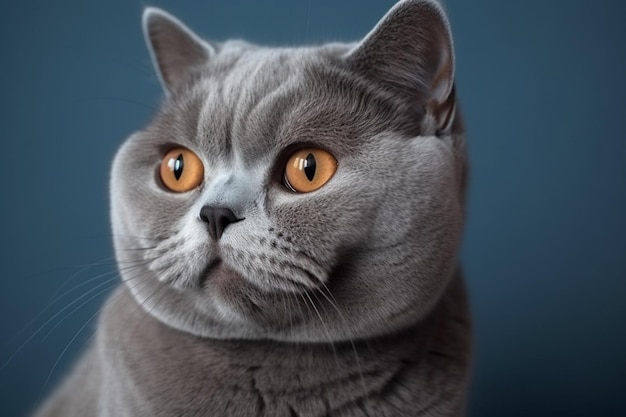 Foto gato británico gris con un estado de ánimo depresivo ofendido y enojado sobre un fondo azul