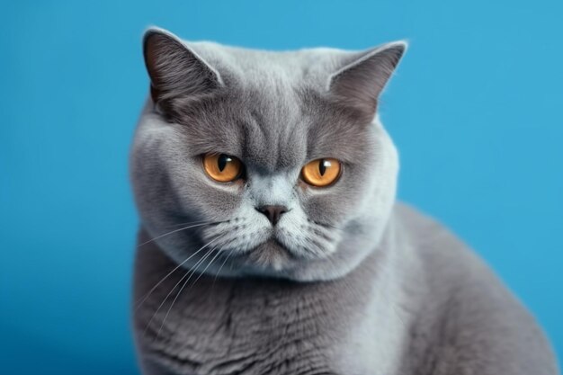 Gato británico gris con un estado de ánimo depresivo ofendido y enojado sobre un fondo azul