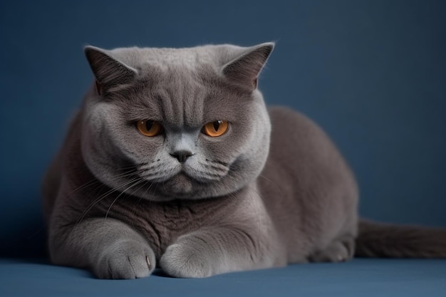 Foto gato británico gris con un estado de ánimo depresivo ofendido y enojado sobre un fondo azul