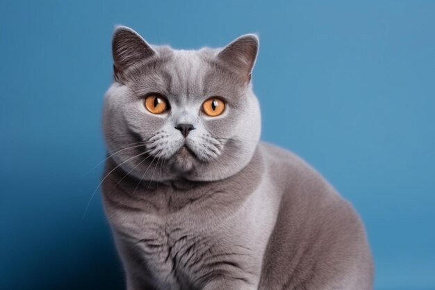 Gato británico gris con un estado de ánimo depresivo ofendido y enojado sobre un fondo azul