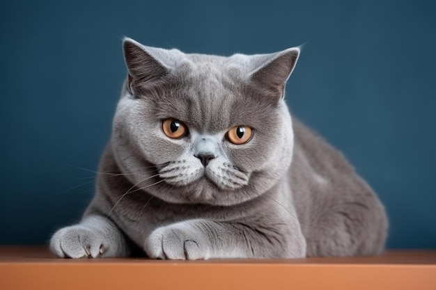 Foto gato británico gris con un estado de ánimo depresivo ofendido y enojado sobre un fondo azul