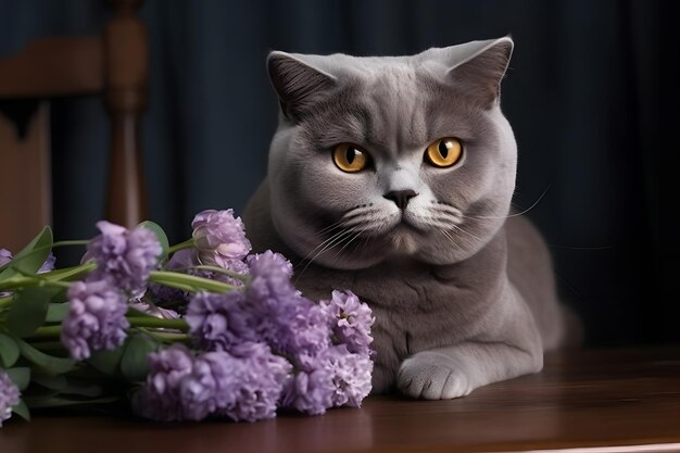 Gato británico gris y flores Red neuronal generada por IA