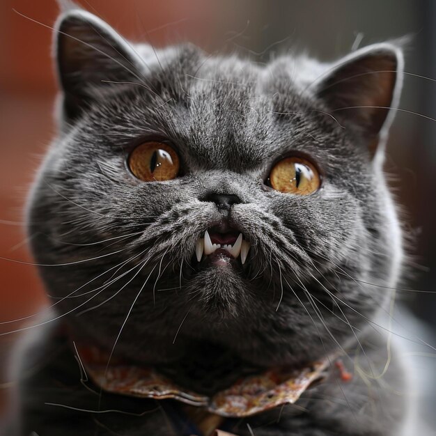 Foto gato británico de pelo corto con dientes afilados