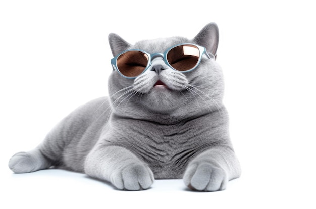 Gato británico de pelo corto con gafas redondas sobre fondo blanco