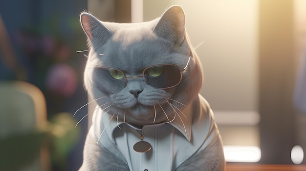 Gato británico de pelo corto con gafas de sol y camisa ilustración de arte digital IA generativa