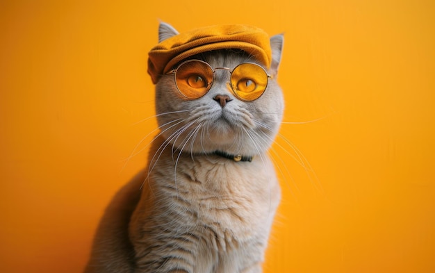 Gato británico de pelo corto con gafas de sol y gorra en un fondo profesional