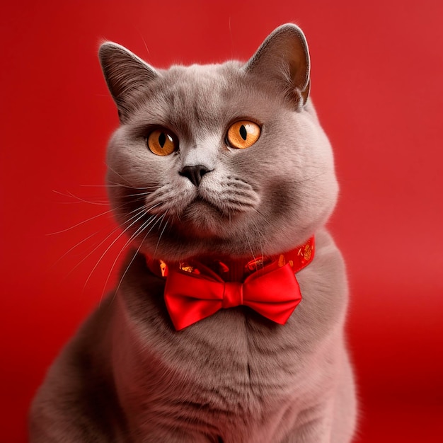 Gato británico de pelo corto gris con un lazo rojo en un fondo rojo retrato de primer plano mascota encantadora y linda