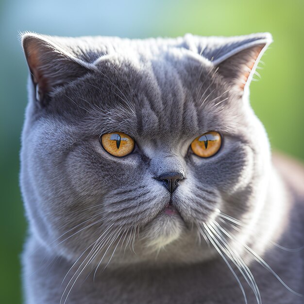 Gato británico de pelo corto realista sobre un deslumbrante fondo natural al aire libre