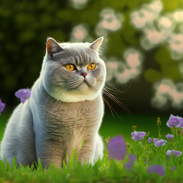 Gato británico de pelo corto realista sobre un deslumbrante fondo natural al aire libre