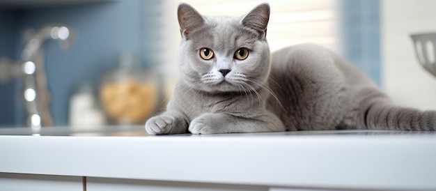 Gato británico de pelo corto sentado junto al fregadero de la cocina en una cocina cómoda contemporánea