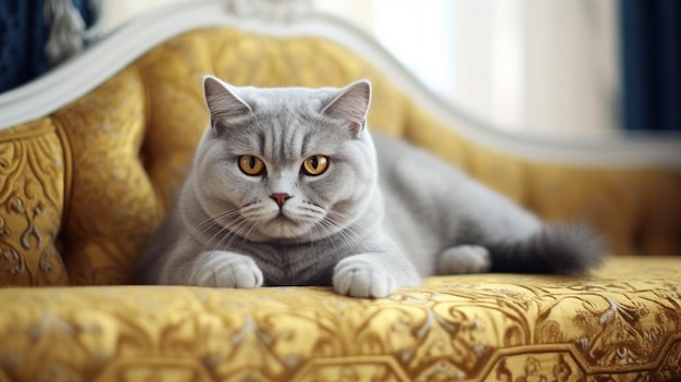 Gato británico de pelo corto tumbado en el sofá y mirando a la cámara Fondo vintage