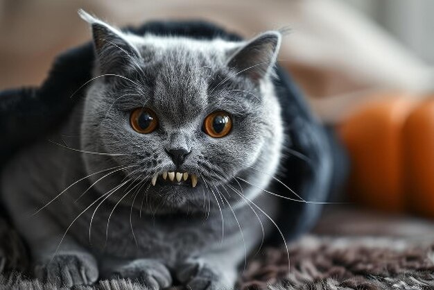 Foto gato británico de pelo corto vestido de vampiro para halloween