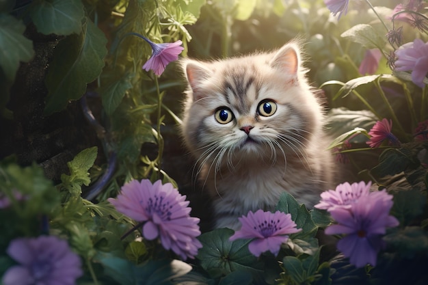 gato british shorthair está no jardim com lindas flores roxas Pet Animals Generative AI