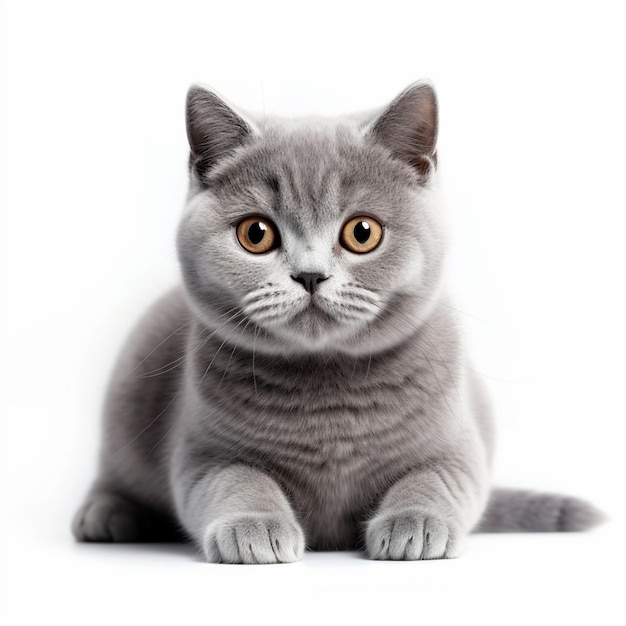 Gato British Shorthair sentado em fundo branco Criado com tecnologia Generative AI