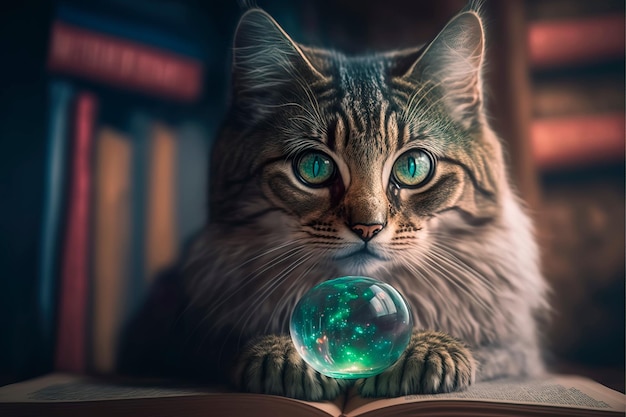 Gato brujo con bola de cristal y libro de hechizos mágicos IA generativa