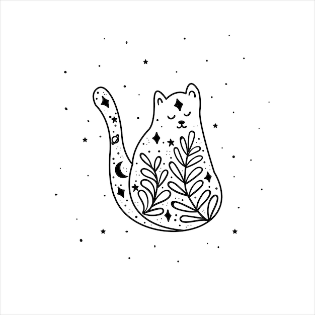 Gato brujo negro Animal místico Ilustración mística religión y simbolismo en el tatuaje