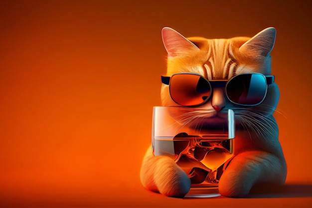 Un gato brutal pelirrojo con un vaso de whisky con hielo en gafas de sol en un ai naranja generado