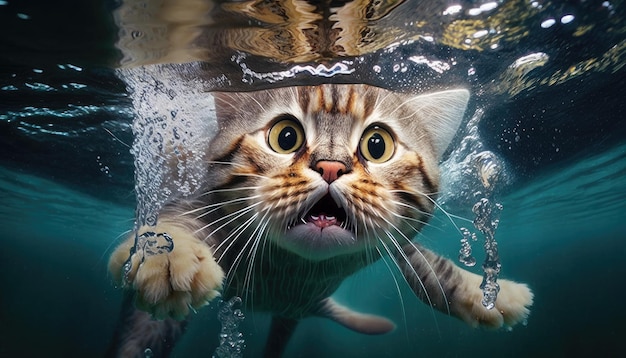 Gato buceando bajo el agua en un acuario con agua turquesa divertido gato sorprendido cara bajo el mar
