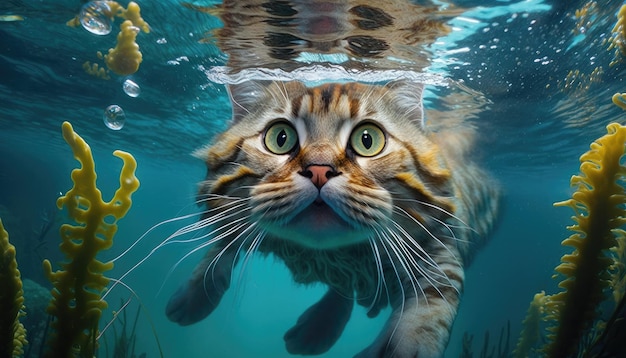 Gato buceando bajo el agua en un acuario con agua turquesa divertido gato sorprendido cara bajo el mar