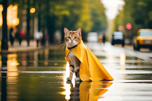 un gato con una bufanda amarilla en la cabeza está caminando bajo la lluvia.