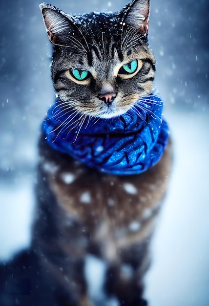 Un gato con una bufanda en un bosque nevado.