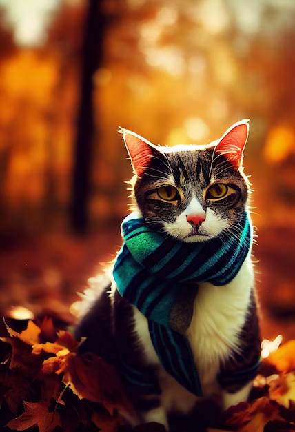 Un gato con una bufanda en un bosque de otoño.