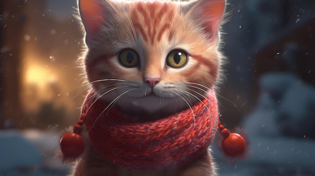 Un gato en una bufanda con cuentas rojas.