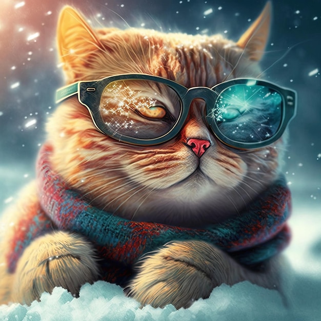 Un gato con bufanda y gafas de sol está en la nieve.