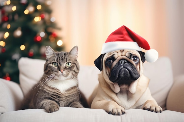 Foto gato y bulldog de navidad