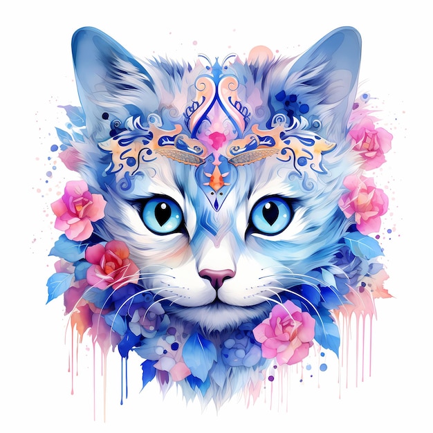 un gato con la cabeza azul y flores en él