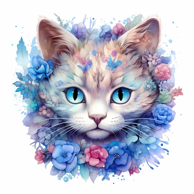 un gato con la cabeza azul y flores en él