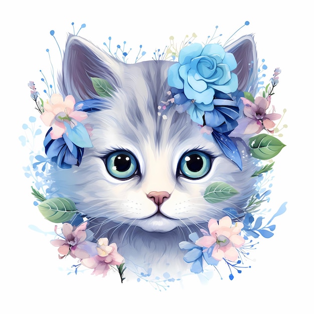 un gato con la cabeza azul y flores en él