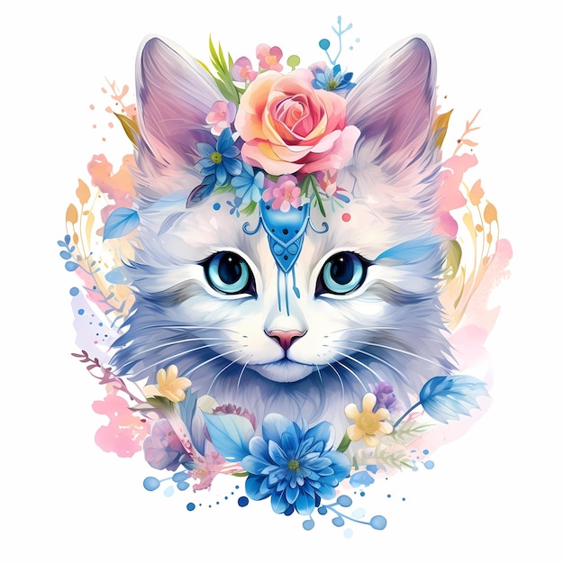un gato con la cabeza azul y flores en él
