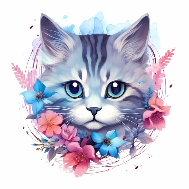 un gato con la cabeza azul y flores en él