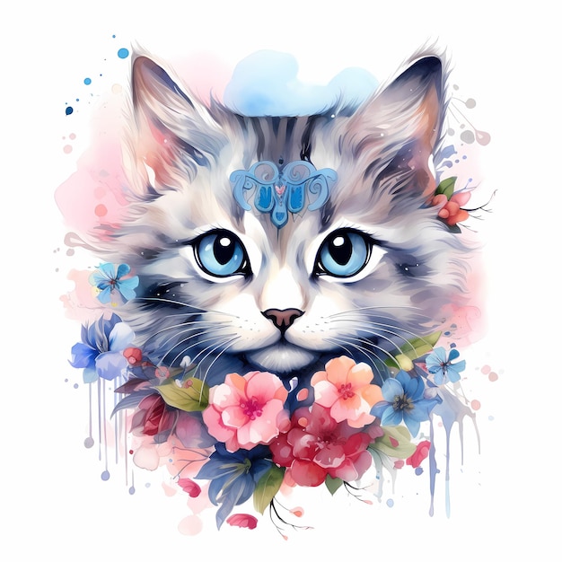 un gato con la cabeza azul y flores en él