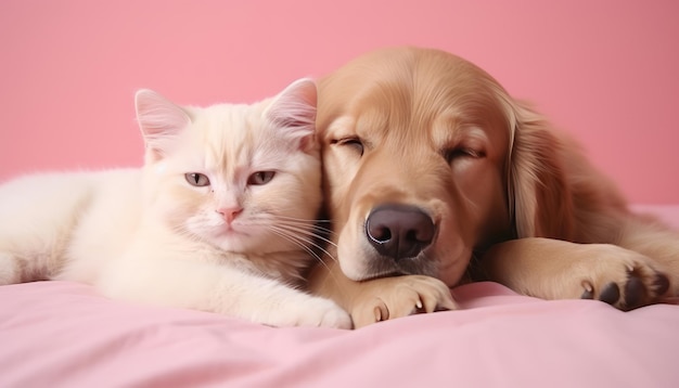 Gato y cachorro adorables durmiendo juntos en un estudio aislado en un fondo de color sólido